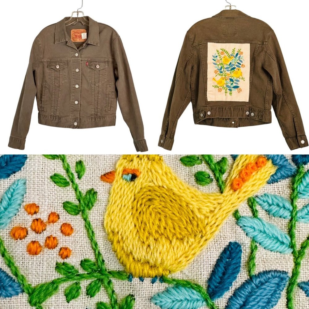 Custom Levi's Denim Jacket Small Trucker Green Embroidered Side Eye Yellow Bird